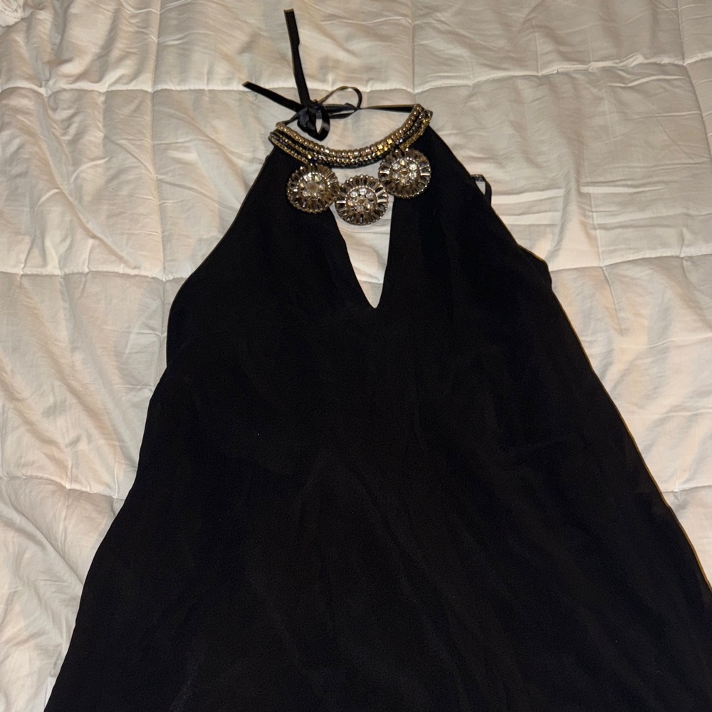 bebe Black Mini Dress with Gold Accents